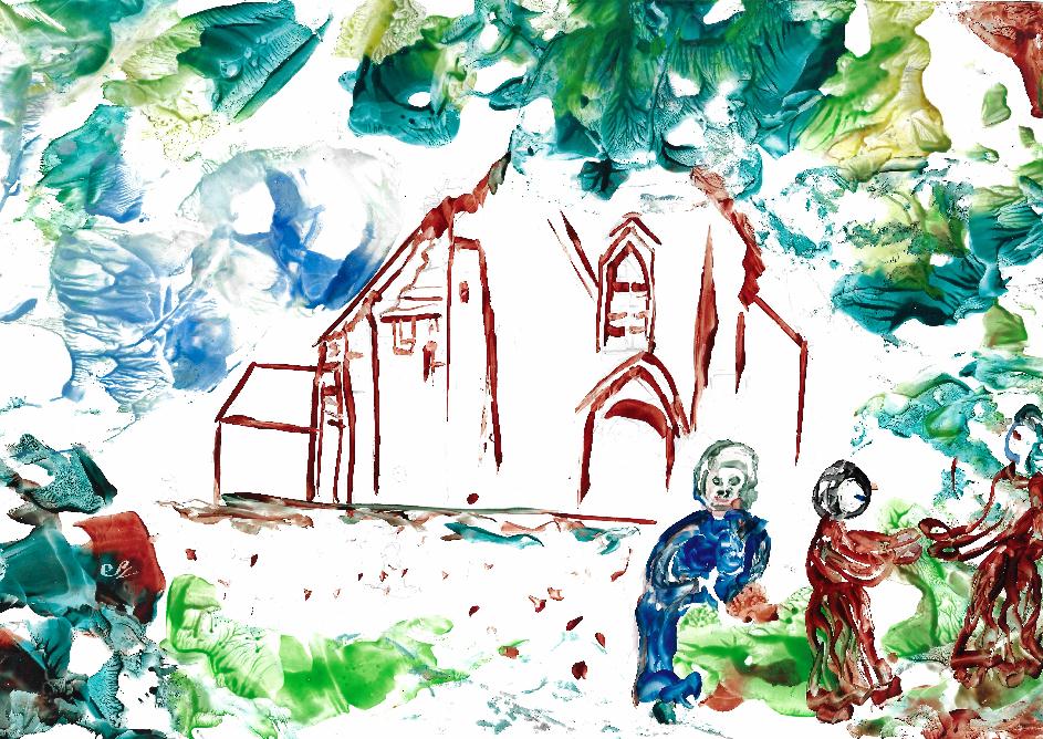 Sortie d'�glise en peinture � la cire par Catherine R�ault-Crosnier.