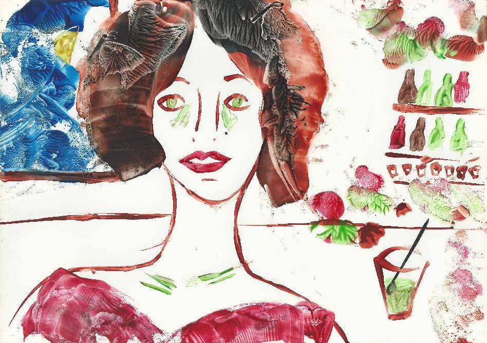 Peinture � la cire de Catherine R�ault-Crosnier illustrant le po�me La Buveuse d'absinthe de Maurice Rollinat.