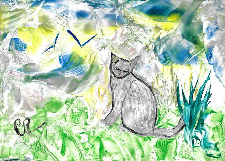 Peinture � la cire de Catherine R�ault-Crosnier illustrant le po�me Le Chat de Maurice Rollinat.