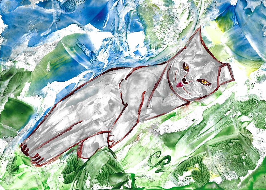 Peinture � la cire de Catherine R�ault-Crosnier illustrant le po�me Le Chat de Maurice Rollinat.