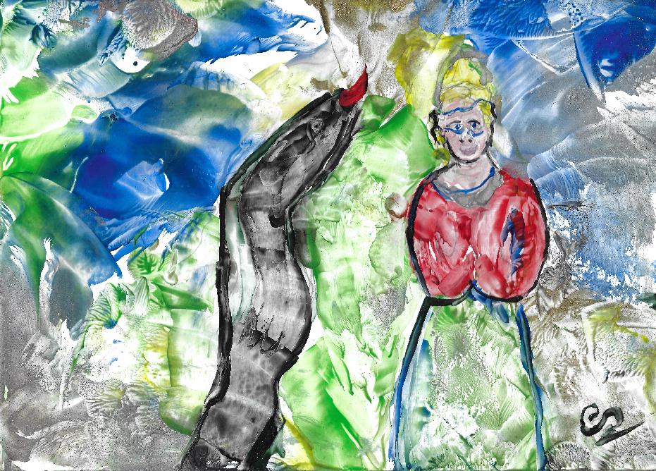 Peinture � la cire de Catherine R�ault-Crosnier illustrant le po�me Les deux Serpents de Maurice Rollinat.