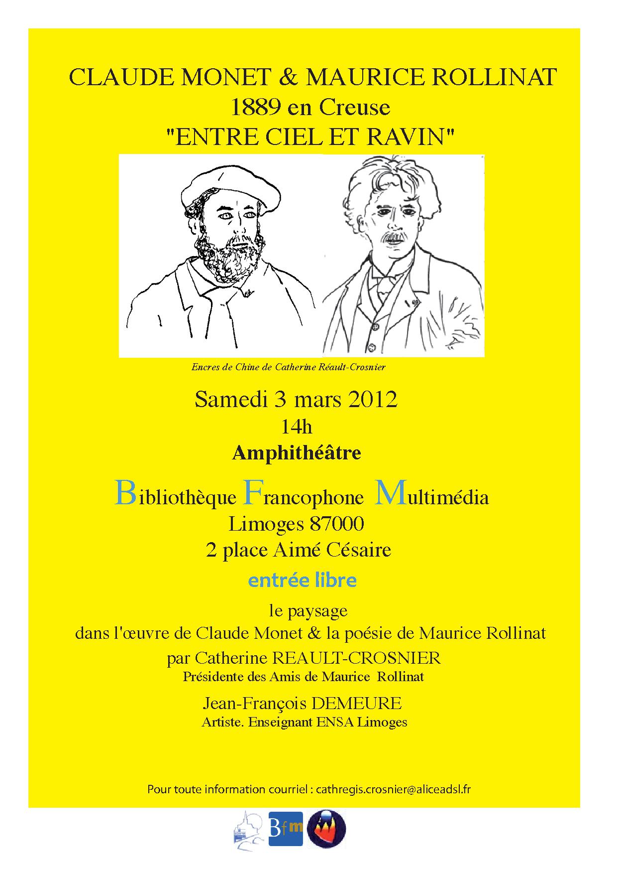 Affiche de l’après-midi littéraire organisé par l’Association des Amis de Maurice Rollinat, le 3 mars 2012, à la Bibliothèque Francophone Multimédia de Limoges.