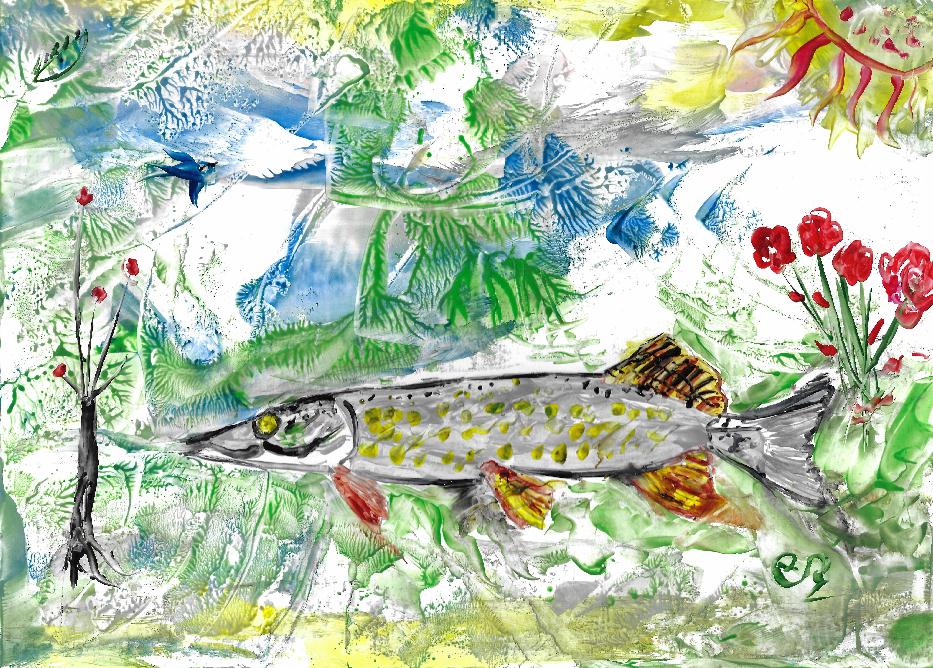 Peinture  la cire de Catherine Rault-Crosnier illustrant la confrence Maurice Rollinat, un fameux pcheur  la ligne dans la Creuse.