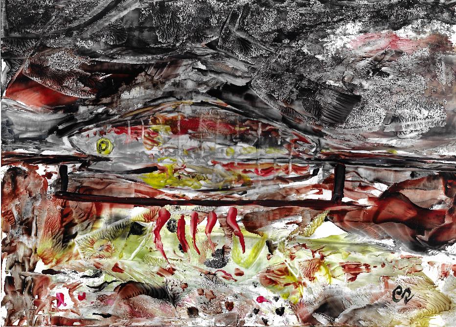 Peinture  la cire de Catherine Rault-Crosnier illustrant la recette de poisson  la broche de Maurice Rollinat.