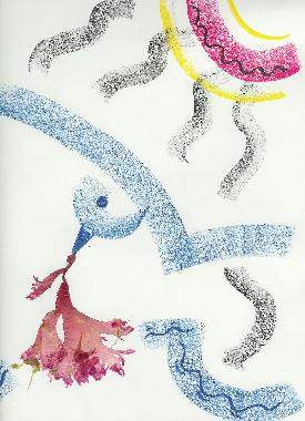 Pastel et collage d’algues roses de Bretagne de Catherine Réault-Crosnier intitulé Pureté de l’oiseau.