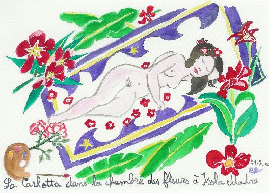 Aquarelle de Catherine Réault-Crosnier intitulée La Carlotta dans la chambre des fleurs à Isola Madre.