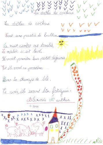 Poème LES DRÔLES DE COCHONS d'Alexixia Mc ARTHUR, exposé au Mur de poésie de Tours 2001.