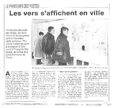 Article de Delphine COUTIER, paru dans "La Nouvelle République du Centre-Ouest", édition d’Indre-et-Loire, le mercredi 21 mars 2001.