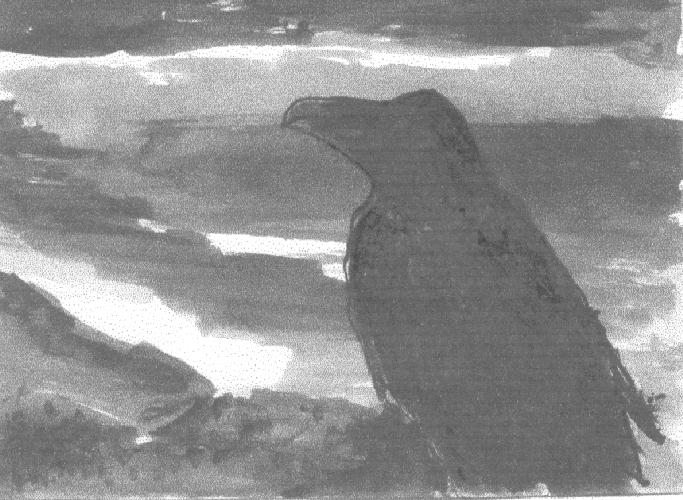 Dessin à l’encre de Françoise VERGNE-RIBERA, dessiné et peint à la plume de corbeau, illustrant le poème Ô MON CORBEAU de Jacqueline LEMAÎTRE.