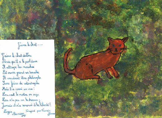 Dessin d'Alameen LAYAS, illustrant son poème "J'aime le chat...".
