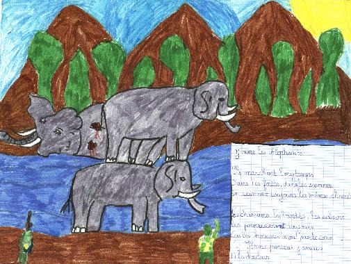 Dessin de Gisèle NURUKUNDO, illustrant son poème "J'aime les éléphants".