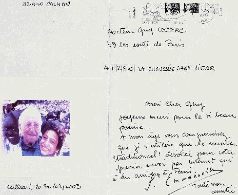 Carte envoye par Sur Emmanuelle au Docteur Guy LECLERC, le 30 avril 2003.