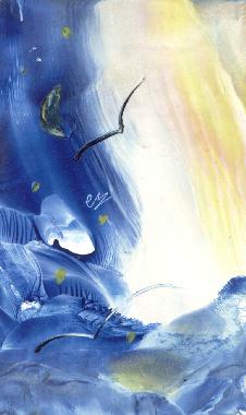 Peinture  la cire de Catherine RAULT-CROSNIER, illustrant le pome SOUVENIRS DES CIELS BLANCS de Ion MACHIDON.