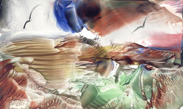 Peinture  la cire de Catherine RAULT-CROSNIER, illustrant le pome AVEC UN VERBE ENTRE LES DOIGTS de Victor STEROM.