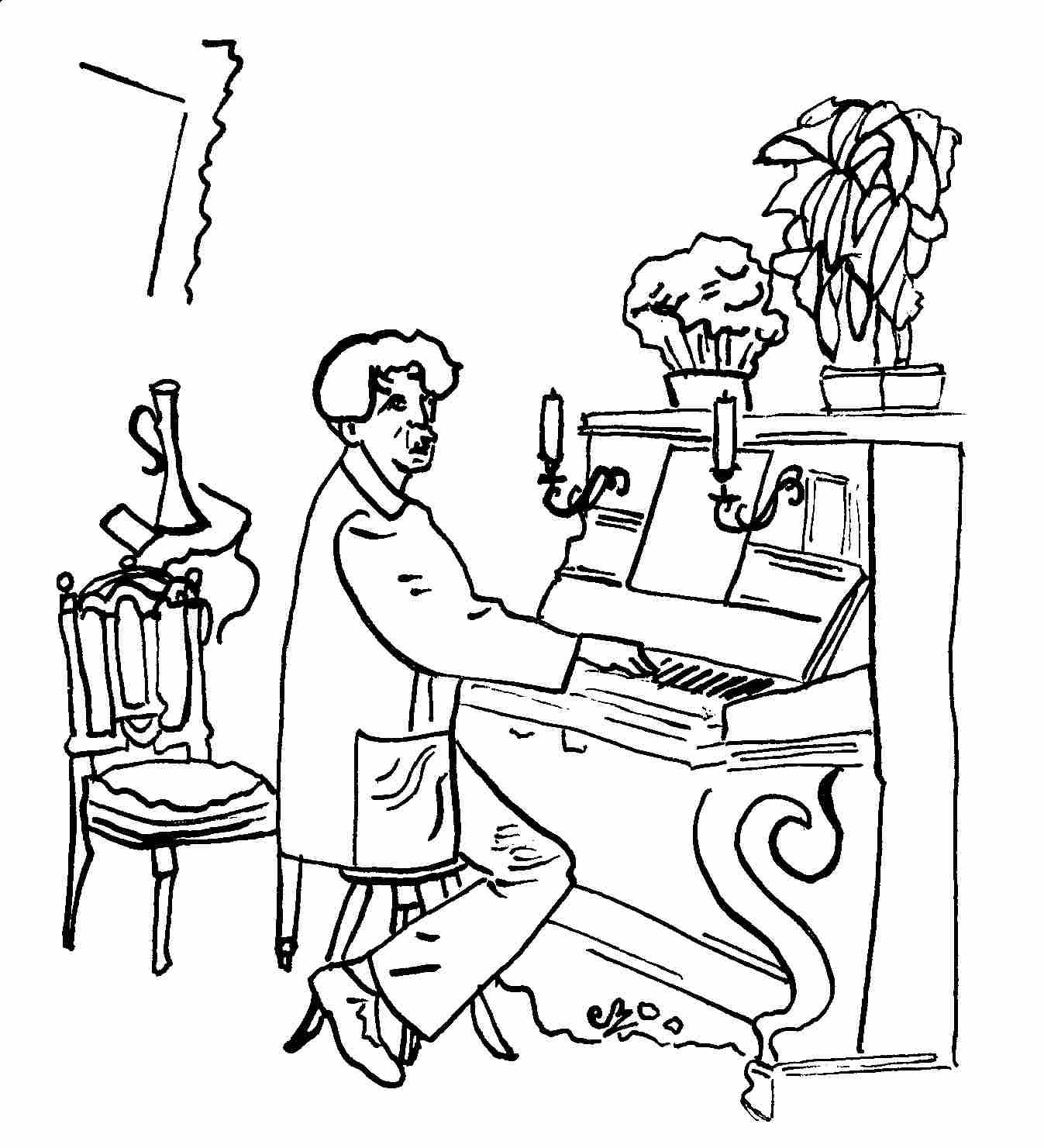 Maurice Rollinat au piano à Fresselines - Portrait à l’encre de Chine de Catherine Réault-Crosnier.